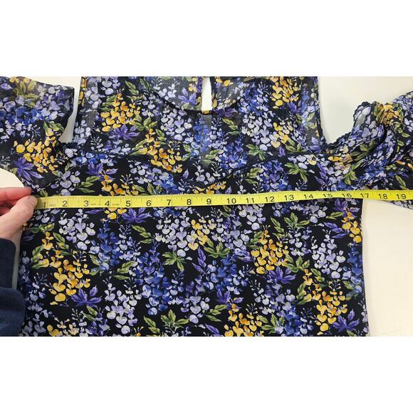 Cynthia Steffe Blue Yellow Floral Cold Shoulder Bell Sleeve ruffle dress size 0 - Picture 7 of 7